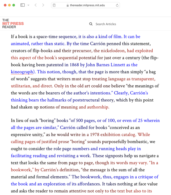 MIT Press Reader using BeeLine Reader's color gradient